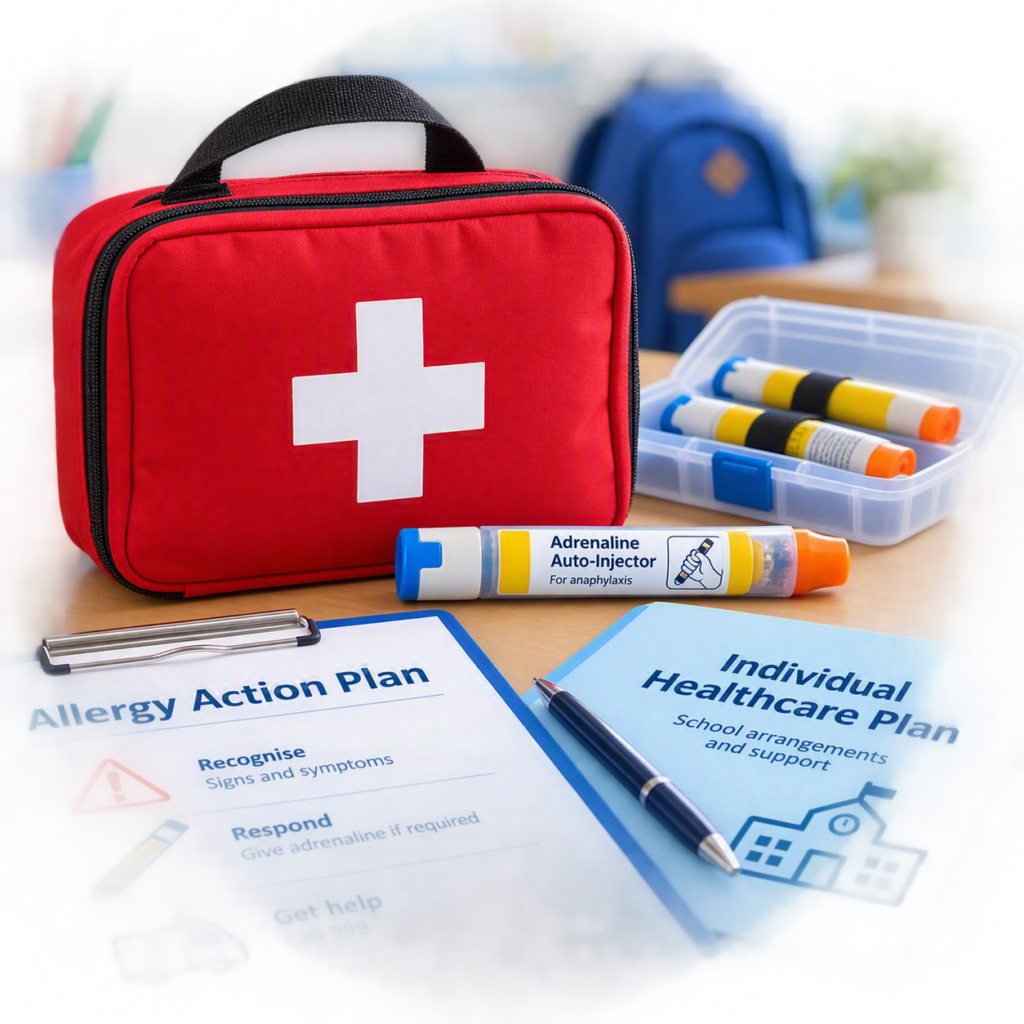 Allergy Action Plans and Individual Healthcare Plans for schools, with adrenaline auto-injector and first aid resources.