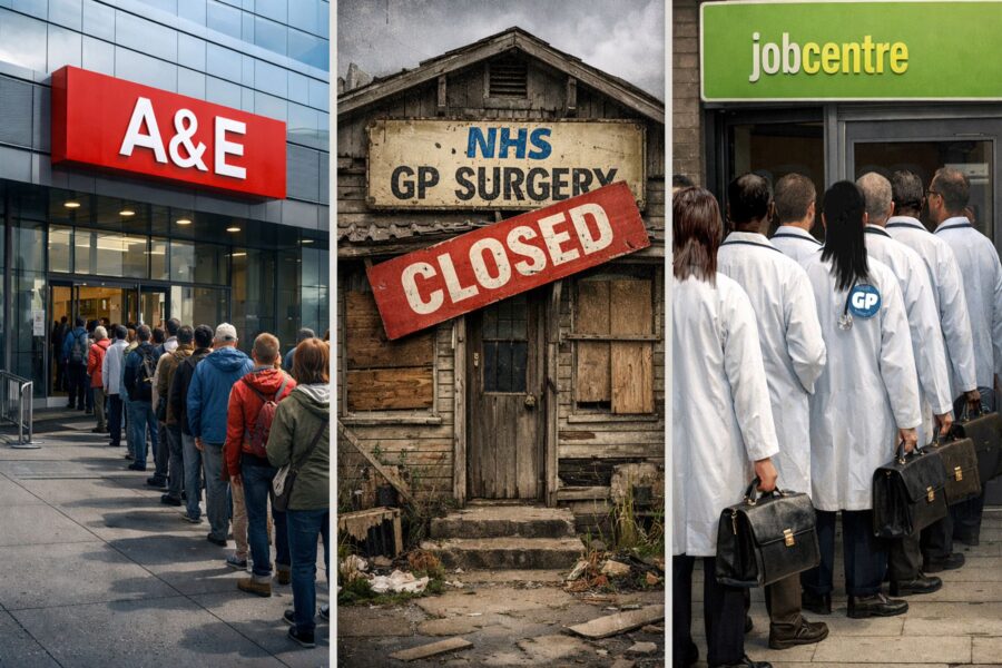 This shows three pictures side by side: The first shows a queue at A&E the second, an old building with a sign saying GP surgery and a closed sign across it. The third a queue of GPs queuing outside of the job centre.