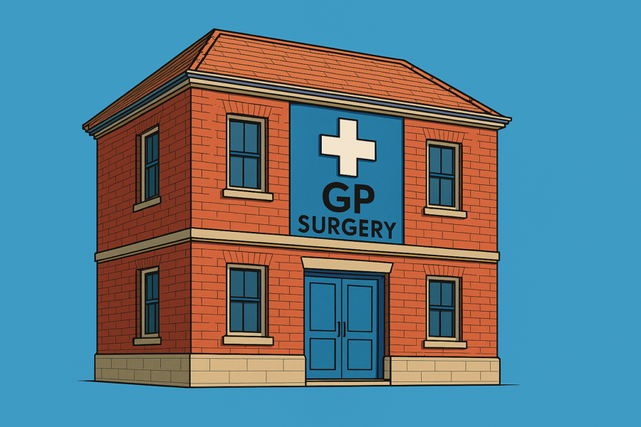 This is a sketch of a GP surgery building, it is orange with blue doors and has a big GP surgery sign above it.