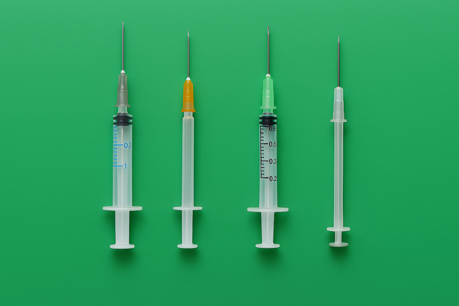 image is a bright green background which shows four different type of vaccination needles