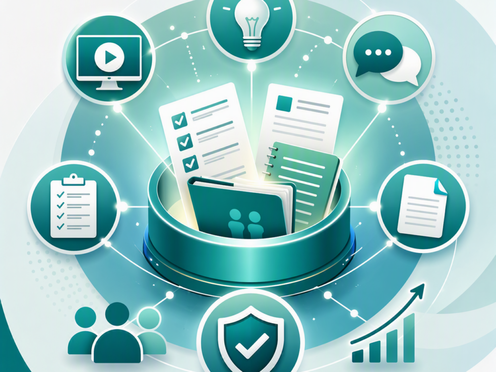 Illustration of a digital resource hub for GP practices, showing guidance documents, webinars, checklists, peer learning and quality assurance resources to support preparation for CQC inspections.