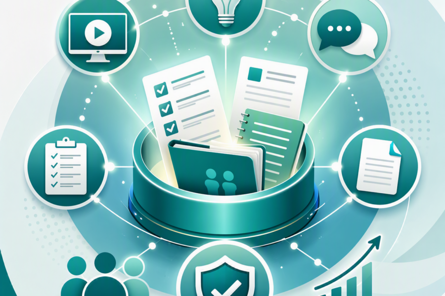 Illustration of a digital resource hub for GP practices, showing guidance documents, webinars, checklists, peer learning and quality assurance resources to support preparation for CQC inspections.