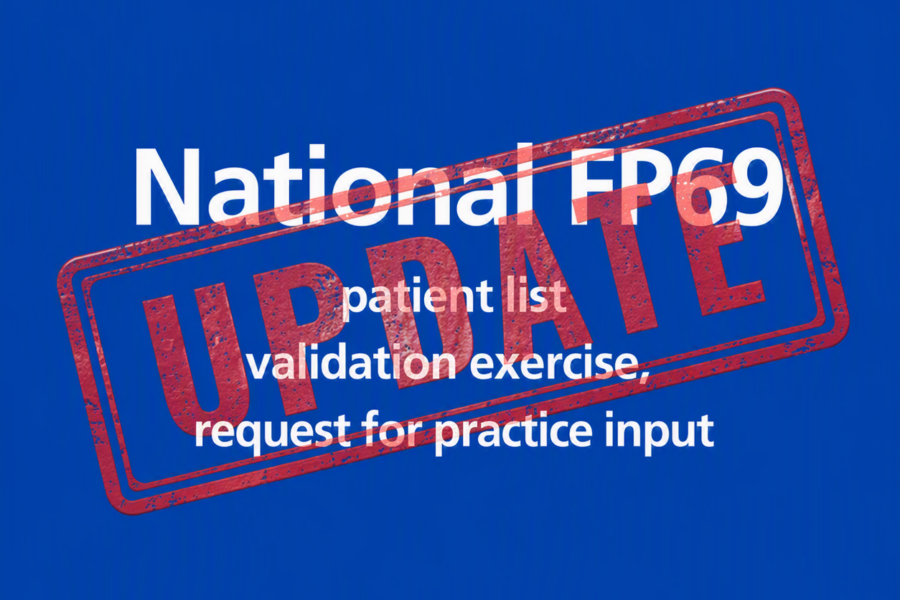 Blue square poster with white text reading “National FP69 patient list validation exercise, request for practice input.” A large, semi-transparent red rubber-stamp graphic displaying the word “UPDATE” is placed diagonally across the centre of the poster, partially overlaying the text.