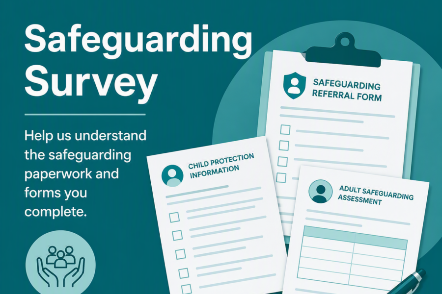 Teal safeguarding survey poster showing safeguarding referral forms, assessment paperwork and a pen, inviting GP practices to provide feedback on safeguarding documentation and forms they complete.