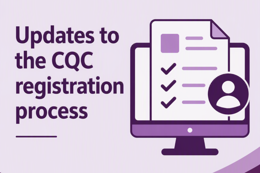 Graphic illustrating updates to the CQC registration process, showing a digital registration document and applicant profile icon on a computer screen.
