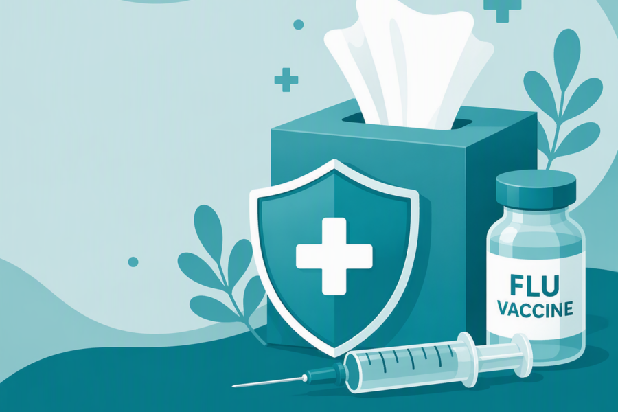 Illustration showing a tissue box, protective shield, vaccine vial and syringe in teal healthcare colours, representing seasonal flu prevention and vaccination.