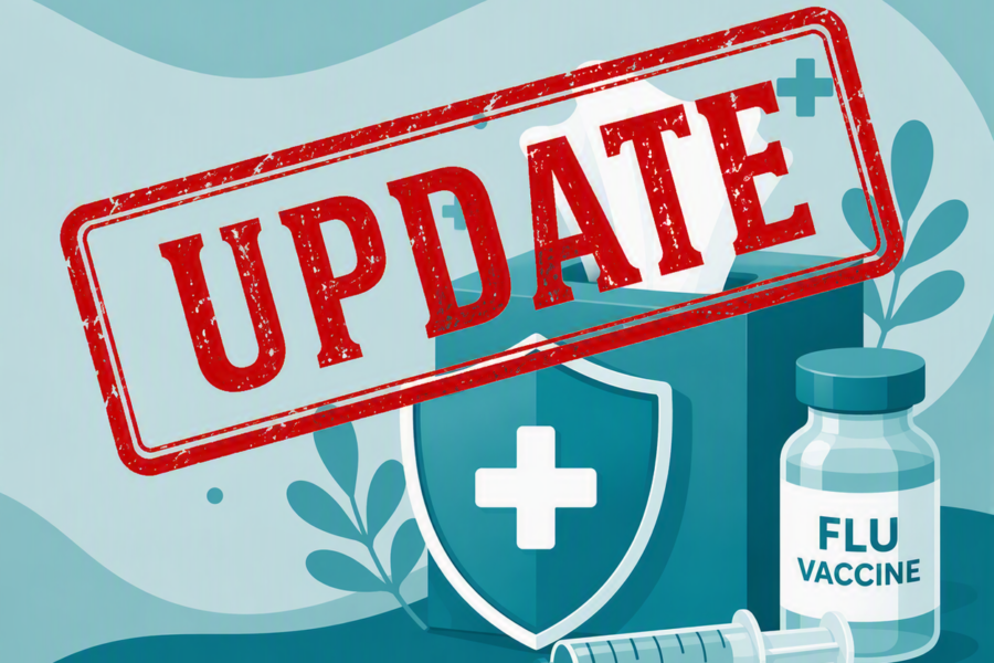 Illustrated graphic promoting seasonal flu vaccination. The image shows a flu vaccine vial, syringe, healthcare shield with a white medical cross, and a tissue box on a teal background. A large red diagonal stamp reading “UPDATE” is overlaid across the centre of the image, indicating revised or updated information.