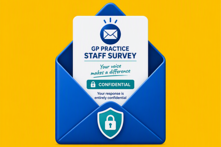 Blue open envelope with a confidential survey form partially visible and a security lock symbol on the front, representing secure and anonymous staff feedback.