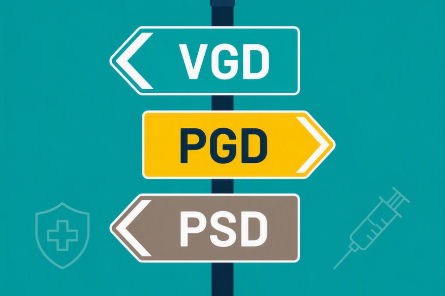 Illustration of a vaccination signpost showing three coloured directional arrows labelled VGD, PGD and PSD. The arrows are mounted on a central signpost against a teal background, with subtle healthcare symbols including a shield and syringe. The graphic represents different legal routes for vaccine supply and administration.