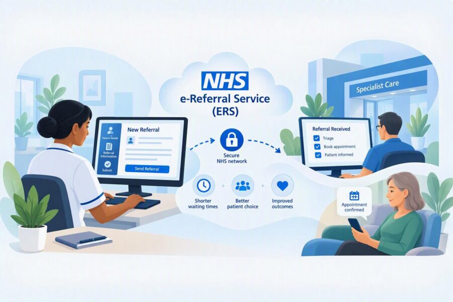 Illustrated NHS e Referral Service pathway showing a healthcare professional submitting a digital referral through a secure NHS network to specialist care. The image depicts electronic referral processing, patient choice, appointment booking and improved access to specialist services.
